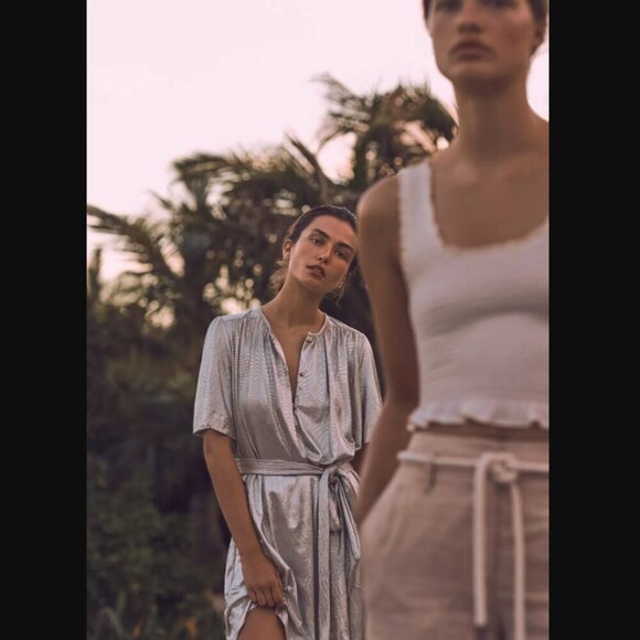 Anthropologie Sabina Musayev Mercury Metallic Gold Silver Shirt Dress S - Picture 6 of 11